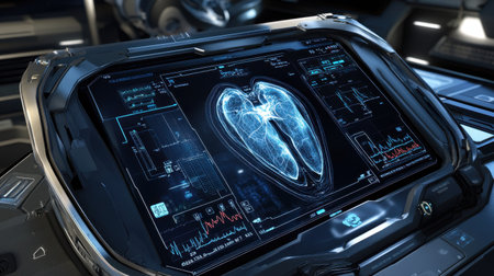 High-tech diagnostic equipment with a clear screen showing medical graphs and heart rhythmsの素材