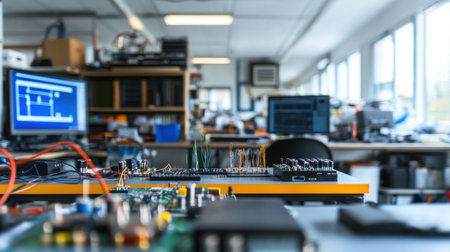Electronics lab setup for RD with testing modules, oscilloscopes, and soldering gearの素材