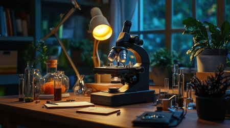 Dissecting microscope with dual lighting sources on a wooden desk in a plant science labの素材