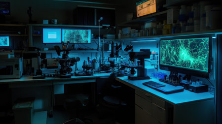 Fluorescence microscopy setup in a darkened science lab room with image display screensの素材