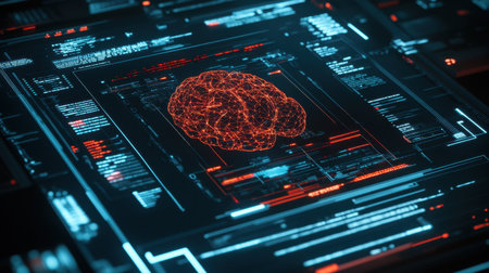 Floating digital brain model surrounded by data flow lines and neural connectionsの素材