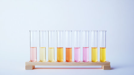 Isolated shot of test tube rack filled with pastel-colored chemical samplesの素材
