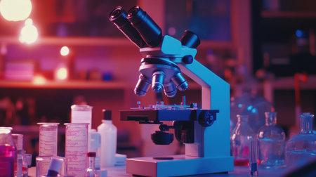 Microscope placed in a research environment with test samples and reference booksの素材