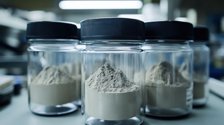 Lab view with transparent plastic containers filled with labeled chemical powdersの素材