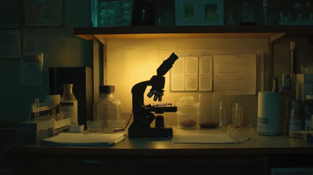 Microscope placed on lab counter next to medical charts, and petri dishesの素材