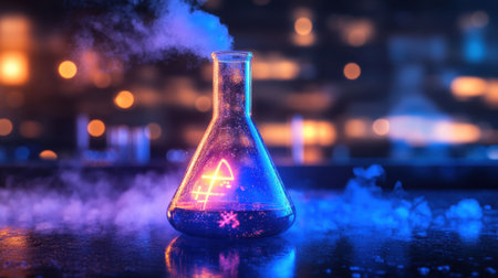 Ongoing chemical reaction in a conical flask emitting vapor on a lab table with safety labelsの素材