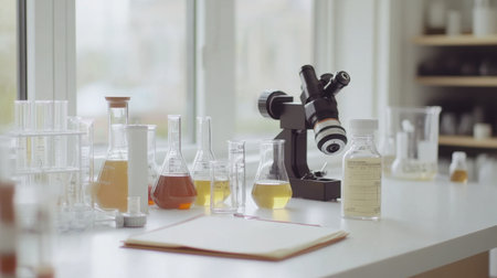 Microscope, flasks, and lab journal on a clean white desk in a bright chemistry labの素材