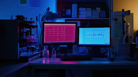 Nighttime lab atmosphere with monitors lit, chemical samples secured, and next-day experiment plan readyの素材