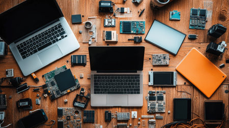 Product development table with electronics, circuit boards, and disassembled gadgetsの素材