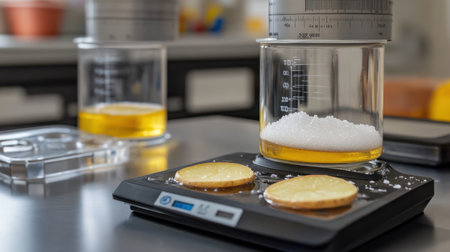 Osmosis experiment showing potato slices in salt and water solutions with measuring scaleの素材