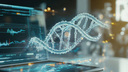 Transparent DNA model hovering over a computer tablet with biotech data on screenの素材