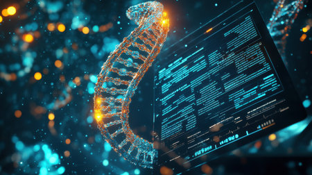 Transparent DNA model hovering over a computer tablet with biotech data on screenの素材