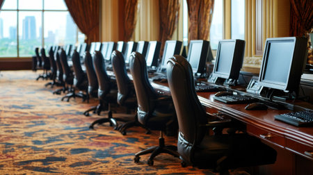 Business center in upscale hotel with workstations, city views, and clean designの素材