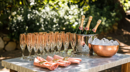 Champagne service setup with flutes, napkins, and ice bucket on marble side tableの素材