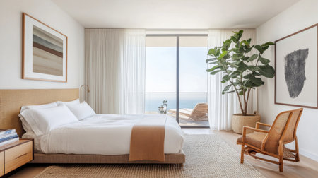 Coastal luxury suite with pale wood floors, ocean-inspired art, and breezy drapesの素材