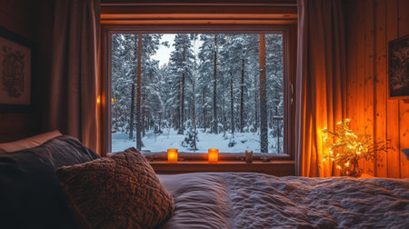 Cozy hotel room with snow-covered forest visible through wide windowsの素材