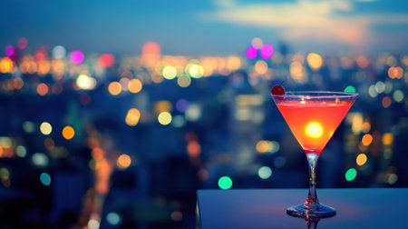 Cocktail setup on rooftop bar of urban hotel with cityscape and ambient lightingの素材