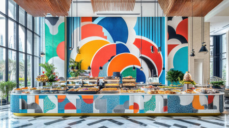 Breakfast buffet in a modern hotel with geometric counters, organic shapes, and vibrant colorsの素材