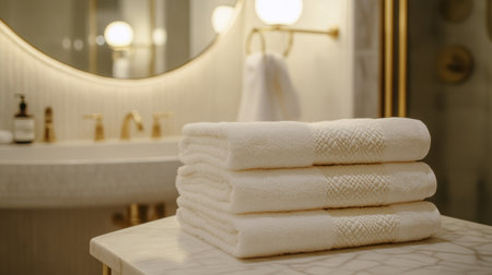 Custom embroidered towels and linen stack in elegant hotel bathroomの素材