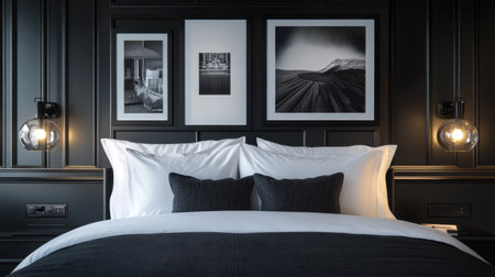 Elegant hotel bedroom with framed art, layered bedding, and sculptural lightingの素材