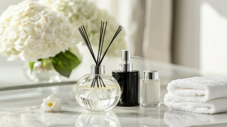High-end scent diffusers and luxury amenities on marble bathroom vanityの素材