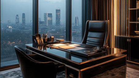 Elegant writing desk in hotel suite with city views, luxury stationery, and designer chairの素材