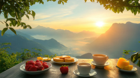 Luxury hotel balcony with breakfast table and sunrise over distant mountainsの素材