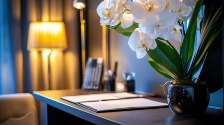 Executive work desk in luxury suite with leather blotter, stationery, and fresh orchidの素材