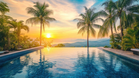 Infinity-edge spa pool in resort hotel surrounded by palm trees and mountain view at sunsetの素材