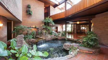 Five-star hotel atrium with indoor plants, natural light, and grand architectural featuresの素材