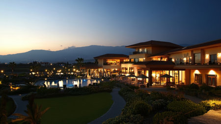 Night view of a luxurious hotel exterior illuminated by warm lights and surrounded by manicured landscapesの素材