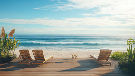 Private beachfront deck with minimalist lounge furniture, overlooking tranquil wavesの素材