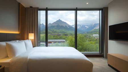 Panoramic mountain view seen through large floor-to-ceiling windows in luxury suiteの素材