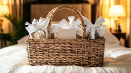 Personalized gift basket in five-star suite with ribbon-wrapped goodies and welcome cardの素材