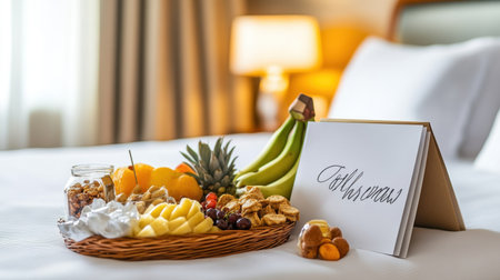 Personalized room welcome tray with handwritten note, fruit bowl, and fine snacksの素材
