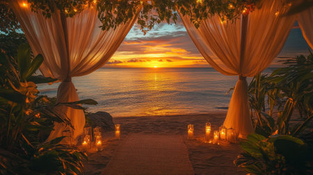 Romantic beachfront villa with draped canopy, candle lighting, and view of sunset over oceanの素材