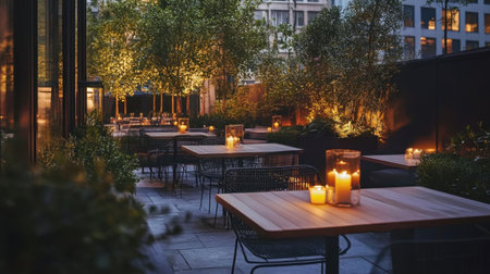 Outdoor terrace dining area at a luxury hotel with candle-lit tables and lush garden surroundingsの素材