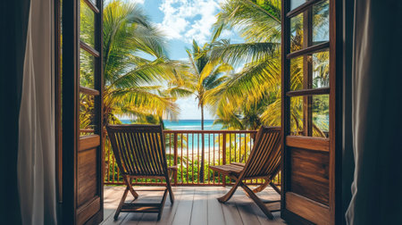 Relaxing balcony view from hotel suite with lounge chair and ocean breezeの素材