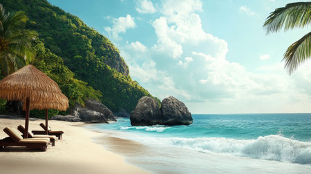 Private beach area at luxury resort with rattan umbrellas, modern loungers, and calm ocean wavesの素材