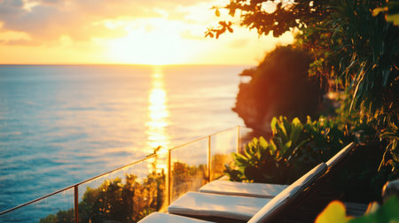 Scenic ocean view from luxury hotel balcony with glass railing, lounge chairs, and sunrise glowの素材