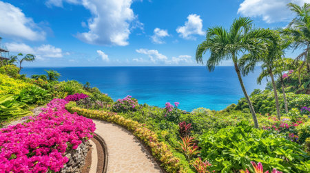 Scenic beachfront resort garden with tropical plants, curved pathways, and ocean breezeの素材