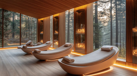 Spa relaxation area with chaise lounges, soft music, and panoramic glass wall to forestの素材