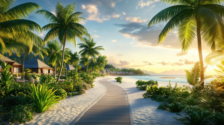 Serene beachfront pathway leading to luxurious resort buildings surrounded by palm treesの素材