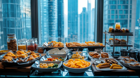 Urban luxury hotel breakfast area with curated buffet setup and high-rise windowsの素材