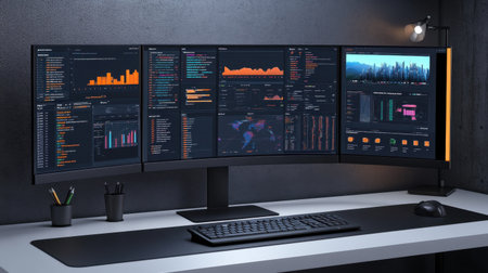 Business strategy software running on curved monitor with focus lights and minimal setupの素材