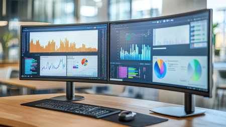 Computer workstation with dual monitors showing data analysis software and colorful chartsの素材