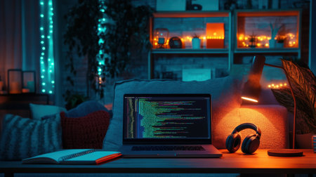 Cozy work corner with laptop showing coding tutorial, notebook, and headphones besideの素材