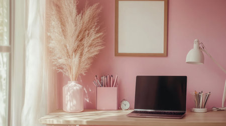 Clean desk aesthetic with pastel tech accessories, laptop, and a framed quote about focusの素材