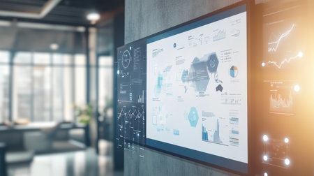 Digital whiteboard in sleek office with charts, graphs, and connected smart devicesの素材