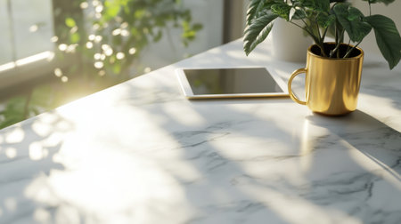 Elegant home office with marble desk surface, tablet, and gold accents on accessoriesの素材